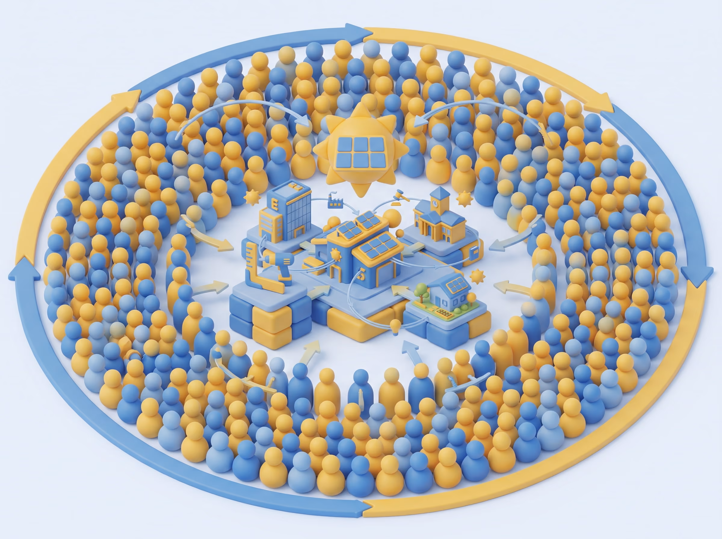 Illustration 3D d'un disque circulaire couvert de petits bâtiments et de modules bleus et jaunes