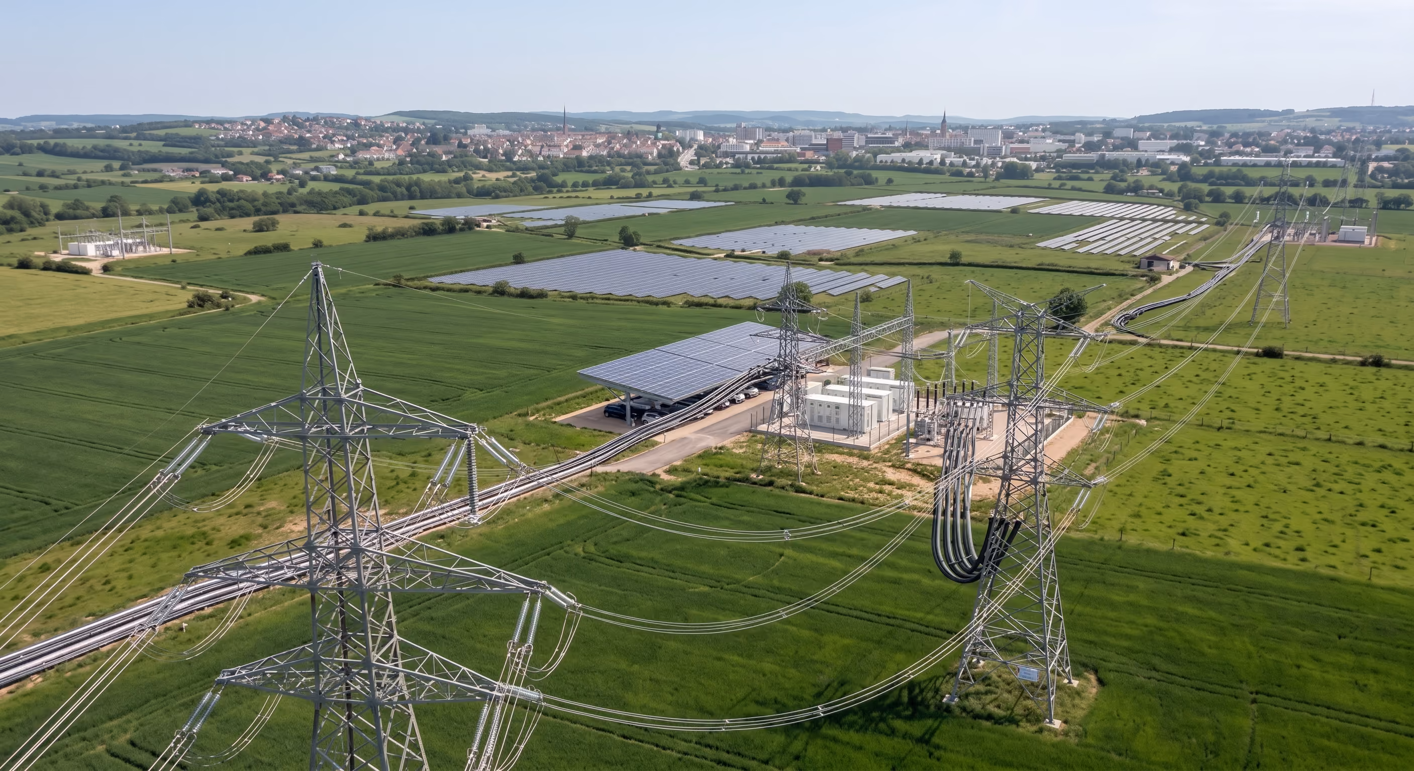 Vue aérienne de champs verts traversés par des lignes électriques à haute tension