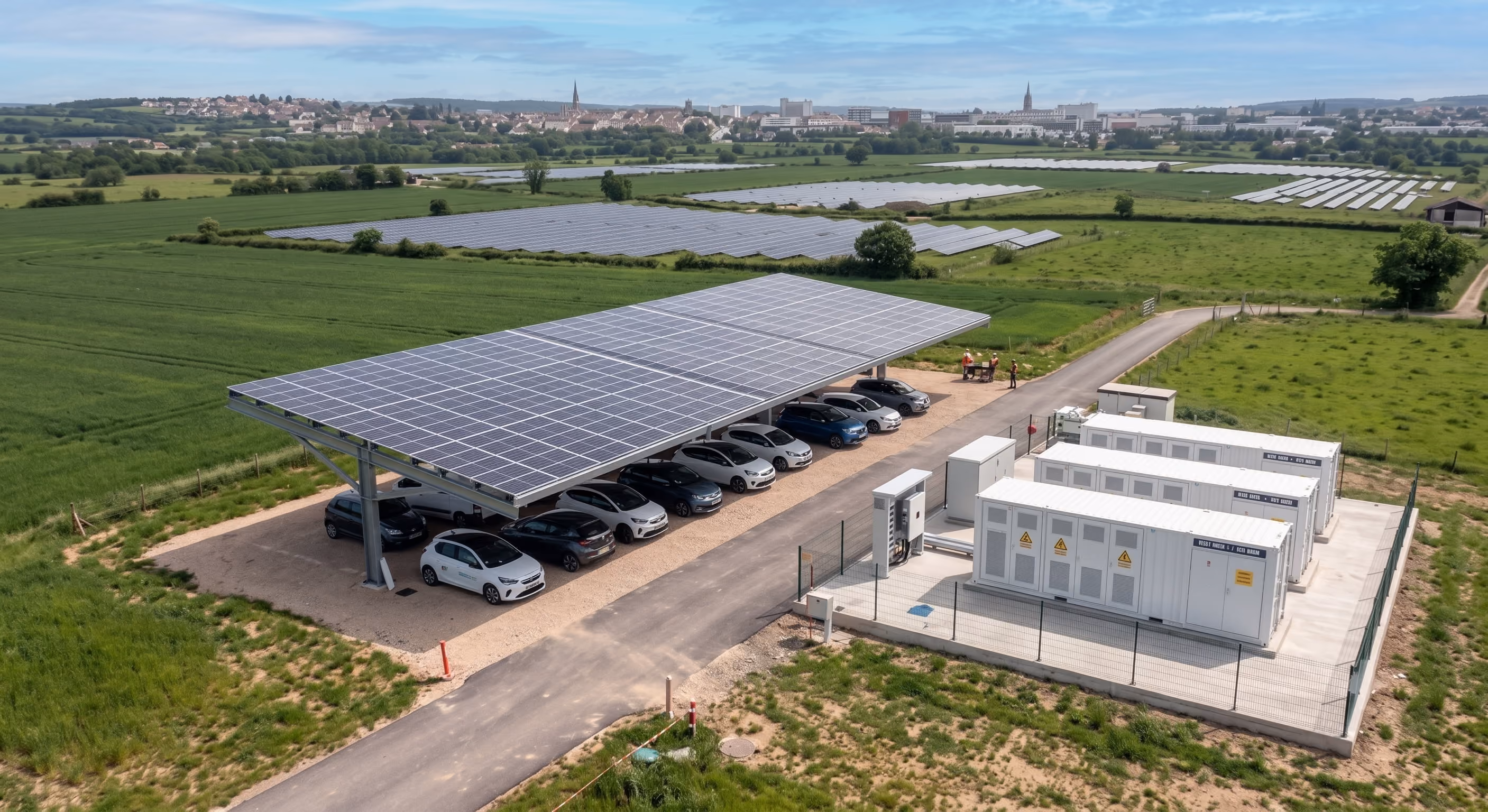 Vue aérienne d'un hangar à toiture photovoltaïque et d'un petit bâtiment blanc, au milieu de champs verts