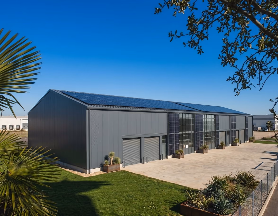Grand hangar métallique gris à plusieurs portes, vu de face sous un ciel bleu
