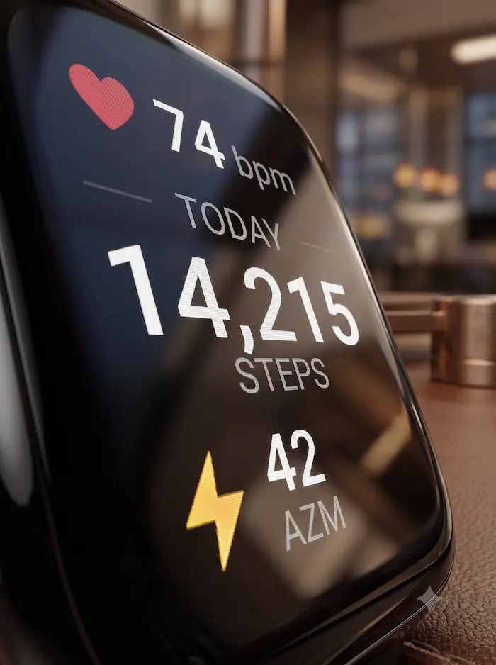 Close-up of Fitbit watch showing heart rate 74 bpm, 14,215 steps today, and 42 activity zones.