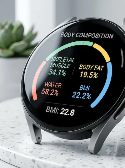Smartwatch screen showing body composition with skeletal muscle 34.1%, body fat 19.5%, water 58.2%, BMI 22.2%.