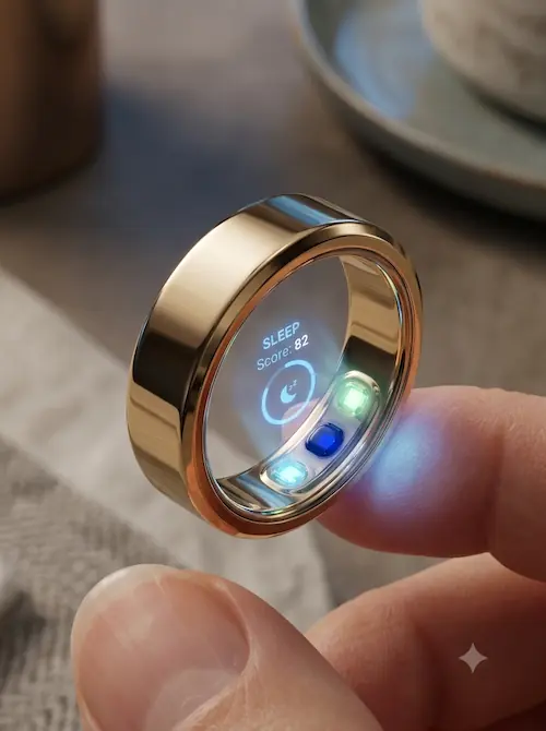 Hand holding a gold smart ring displaying a sleep score of 82 with glowing sensor lights.