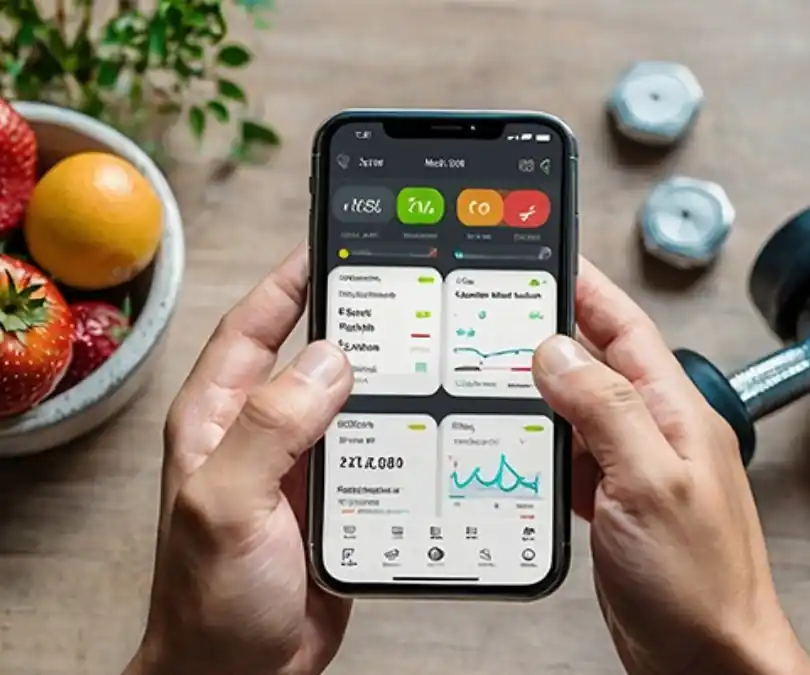 Hands holding a smartphone displaying a health tracking app with graphs and icons, nearby fruit bowl and weights.