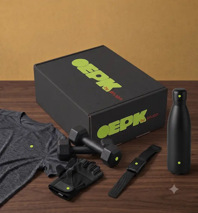 Fitness box set with gray shirt, black gloves, dumbbells, strap, and water bottle on wooden surface.