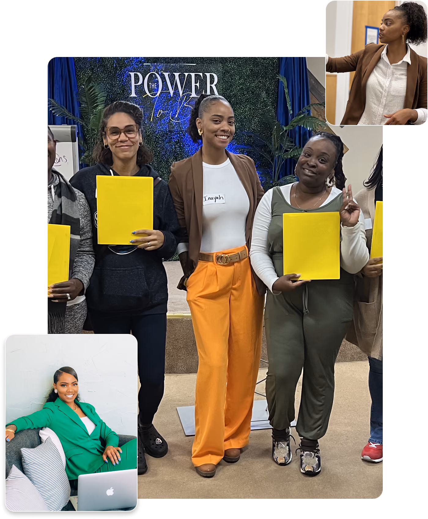 Collage of Inayah Safiyah, founder of Chrysallis Lab, presenting at a Power Talk event with a group of women, plus solo shots of her working at a laptop and speaking