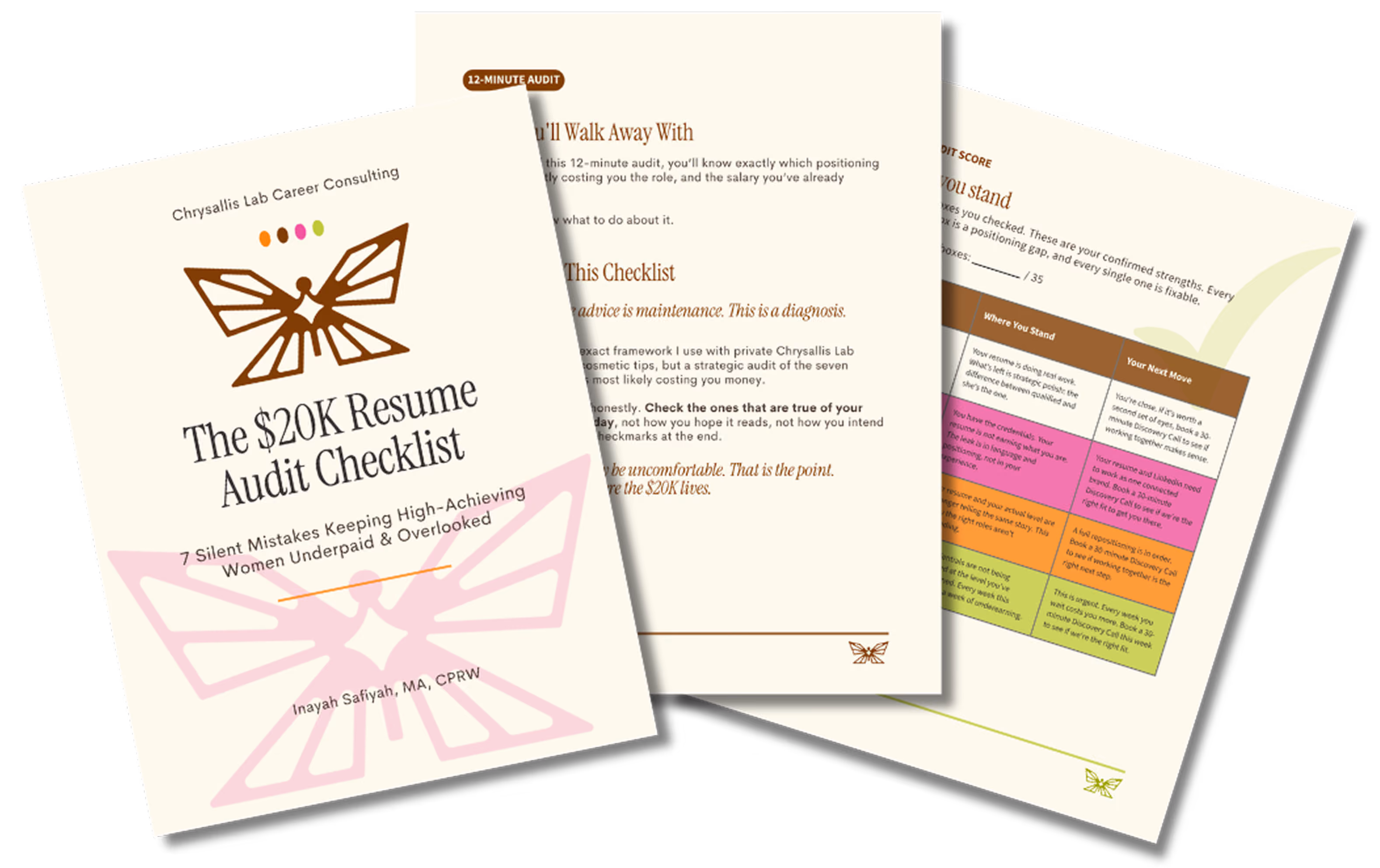 Cover mockup of Chrysallis Lab's $20K Resume Audit Checklist by Inayah Safiyah, shown alongside inside pages on positioning, self-diagnosis, and salary benchmarks