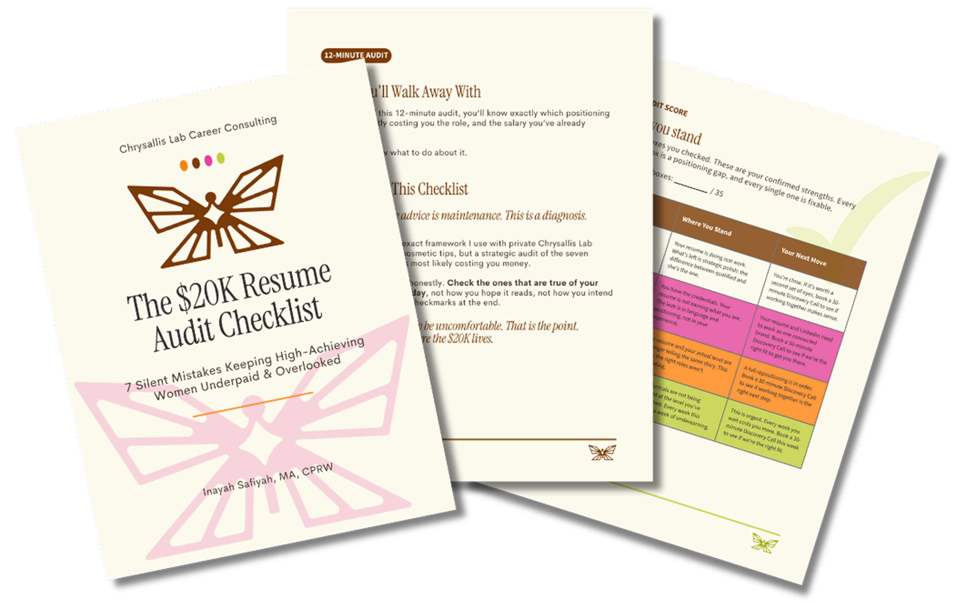 Cover mockup of Chrysallis Lab's $20K Resume Audit Checklist by Inayah Safiyah, shown alongside inside pages on positioning, self-diagnosis, and salary benchmarks