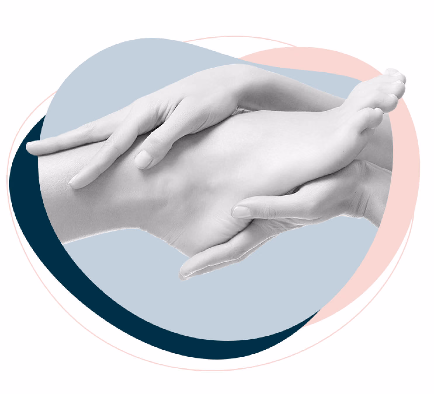 Black-and-white close-up of two hands gently massaging a foot, set against an abstract background of overlapping navy, blush pink, and pale blue organic shapes.