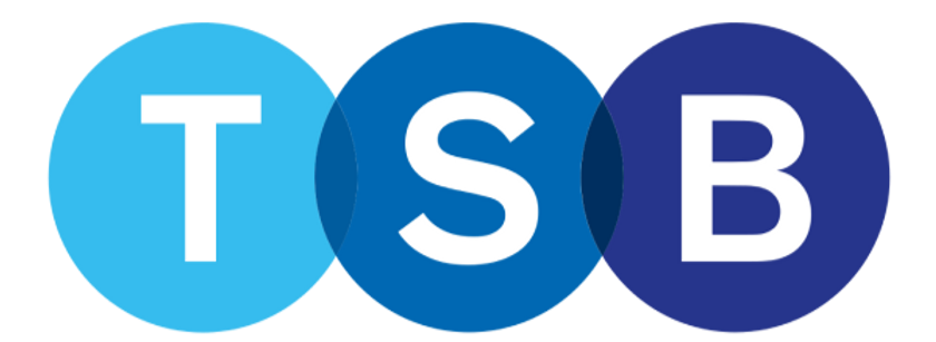 Three blue circles with white letters "T", "S", and "B". Each circle has a different shade of blue, forming a simple, modern logo.