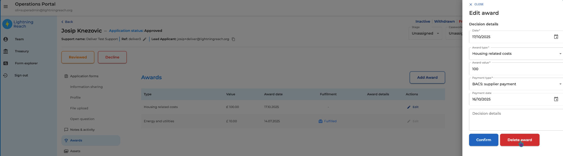 Operations portal screenshot. Left: user options and awards list. Right: Edit award form showing dates, types, and values.