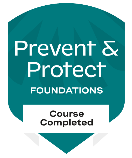 Prevent & Protect Foundations course completion badge with white ribbon at bottom.