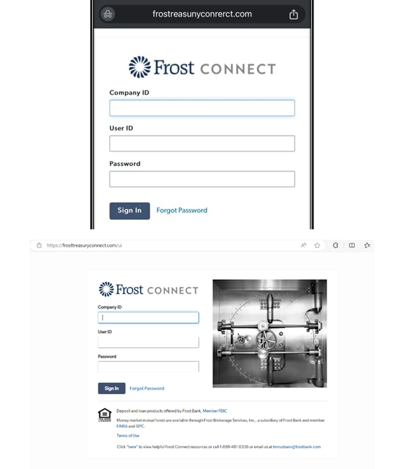 Frost Connect login page with fields for Company ID, User ID, Password, and Sign In button.