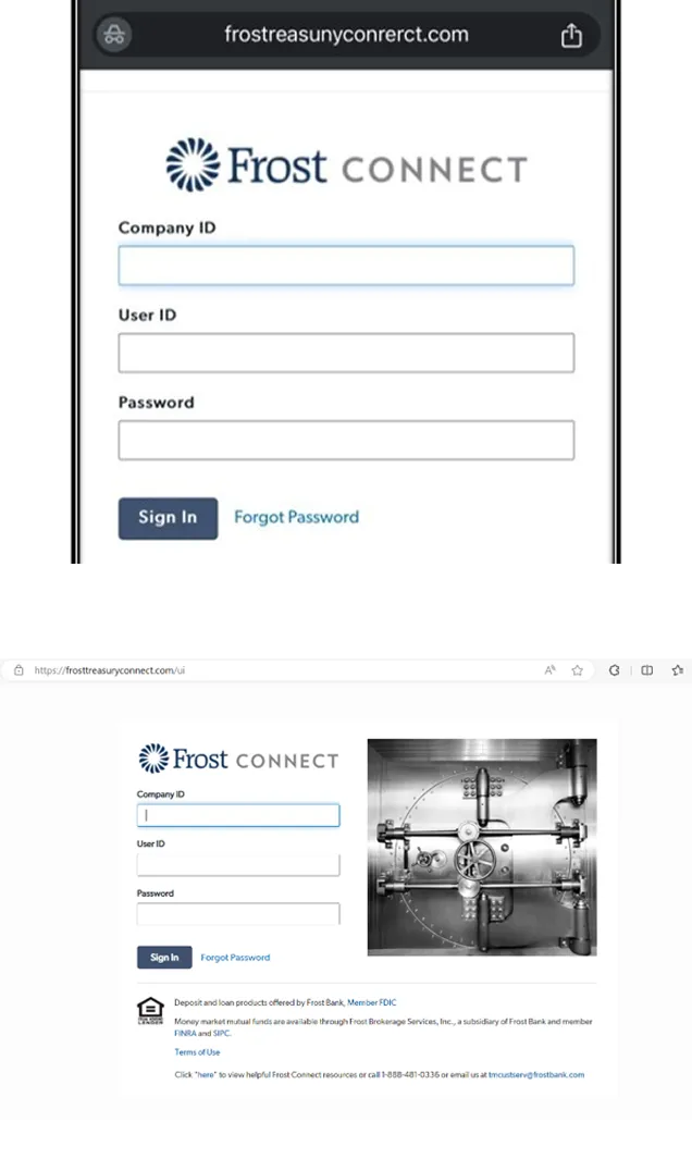 Frost Connect login page with fields for Company ID, User ID, Password, and Sign In button.