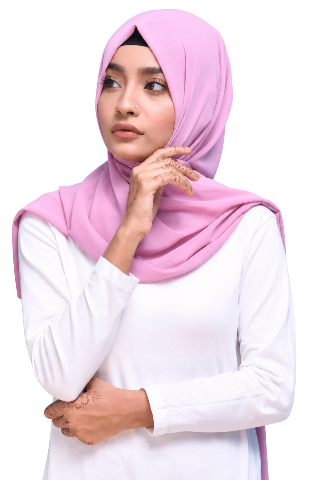 Woman wearing a pink hijab and white shirt