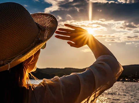 Woman in a hat shielding her face from the sun with a lake and sunset in the background.