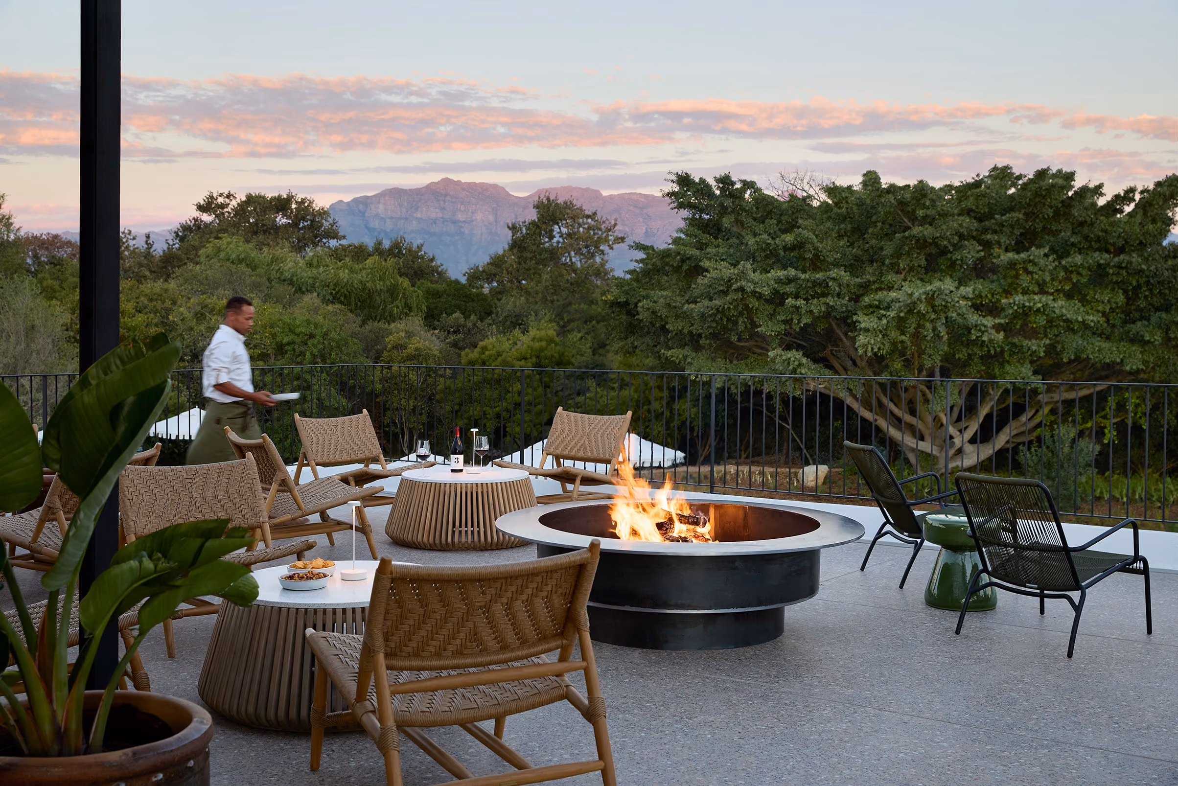 Rooftop firepit and seating with Table Mountain in the distance