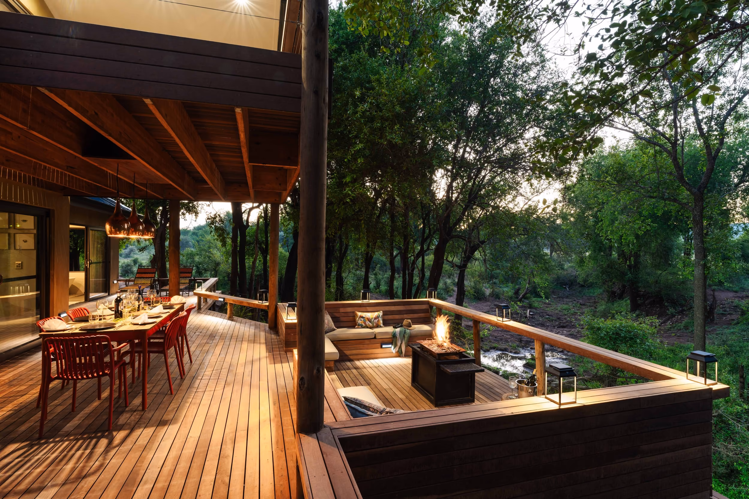Riverside dining deck at a lodge in Madikwe Game Reserve