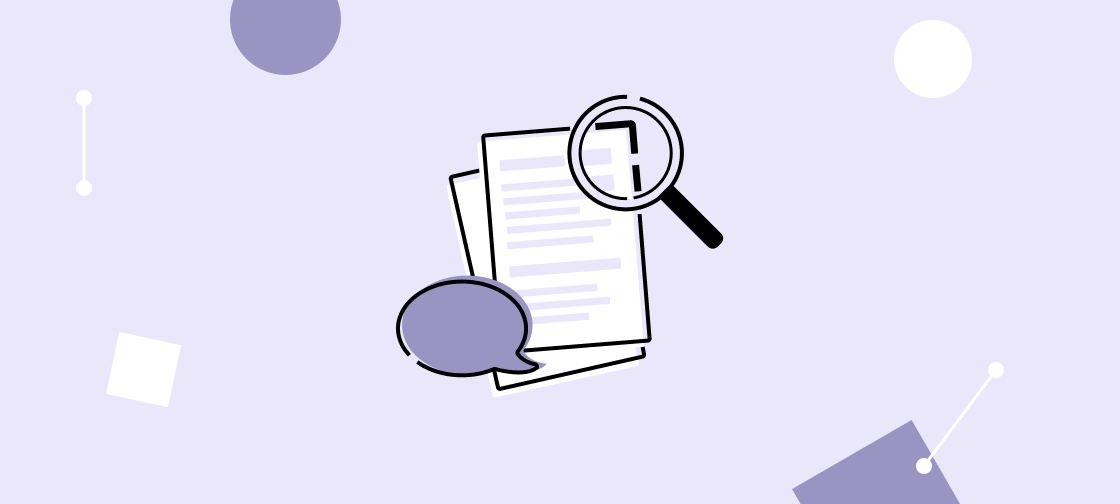 Case studies thumbnail: a stylised image in purple showing sheets of notes with a speech bubble overlaid bottom left, and a magnifying glass overlaid top right.