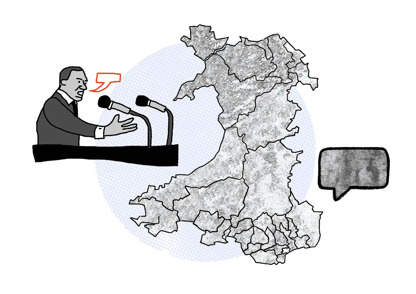 Stylised collage containing a map of Wales, a speech bubble, and a politician speaking from a podium