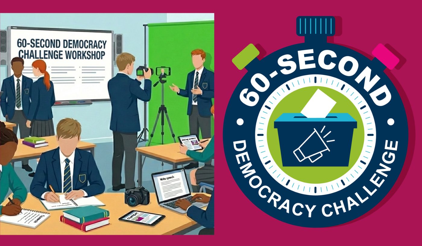 Stylised cartoon of a classroom working hard on the 60-second Democracy Challenge