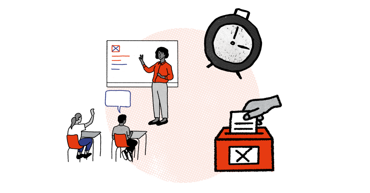 Stylised collage containing pupils learning from a teacher standing at a whiteboard, a clock, and a hand putting a ballot paper into a ballot box
