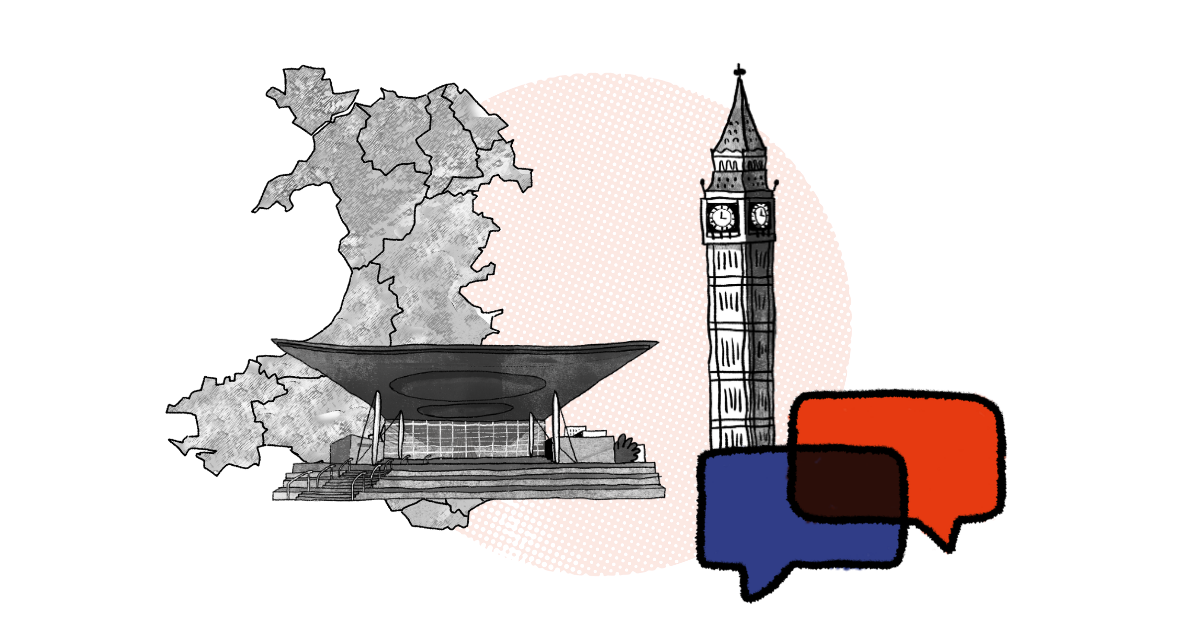 Stylised collage containing a map of Wales, the Senedd building, Big Ben and two speech bubbles