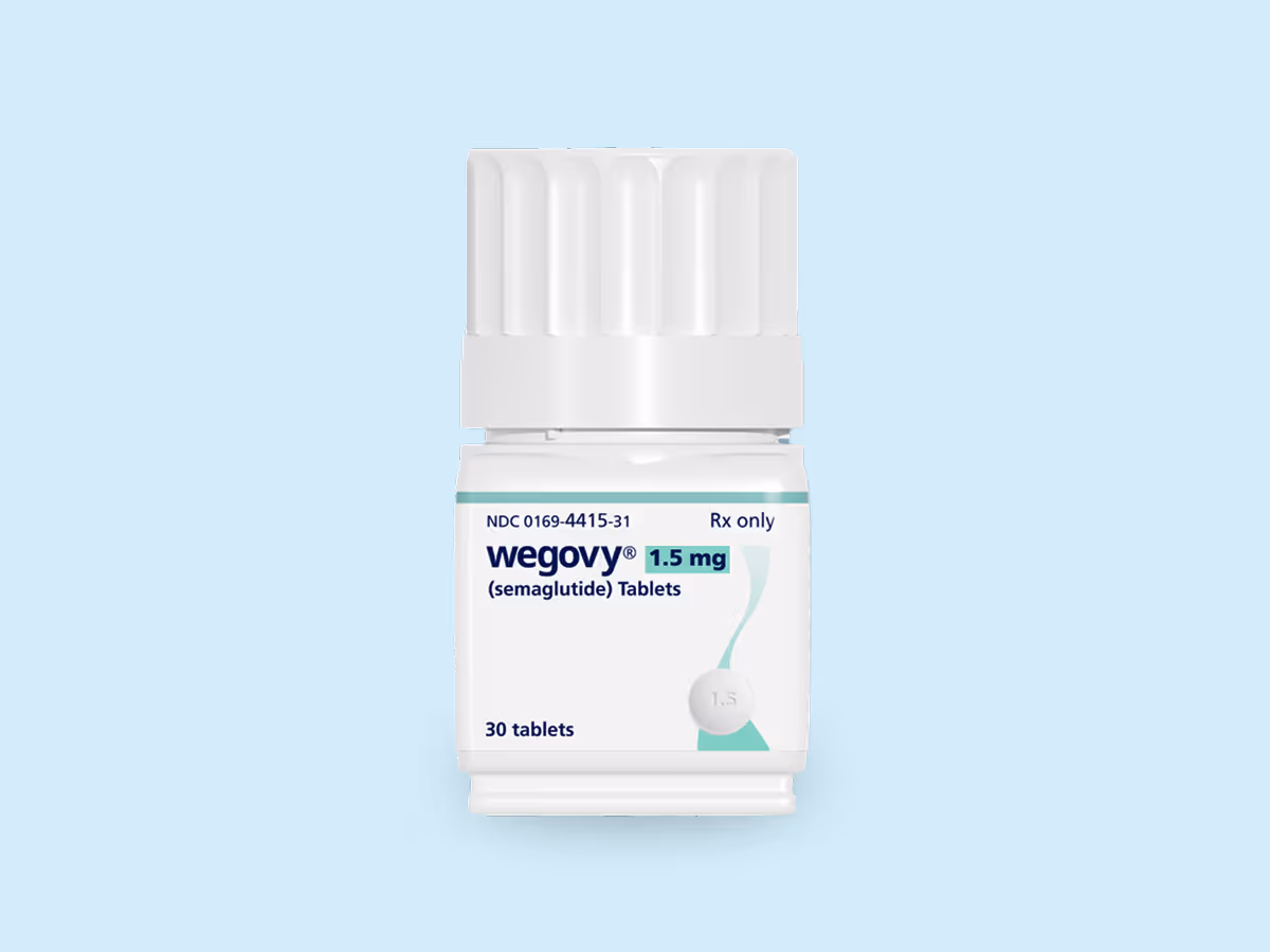 White bottle of Wegovy 1.5 mg (semaglutide) tablets, 30 count, prescription only.