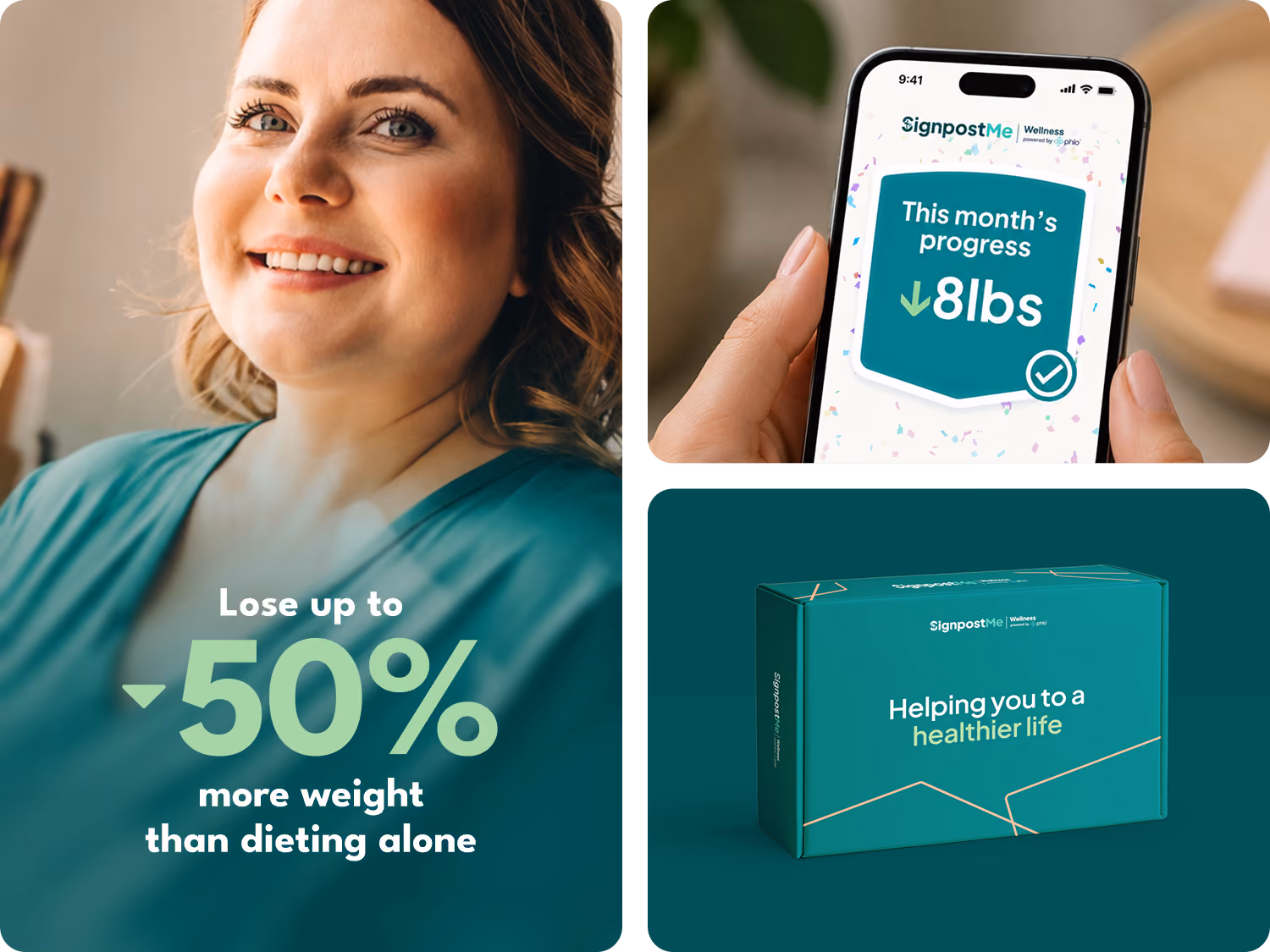Smiling woman with text about weight loss alongside phone showing 8lbs progress and health box.