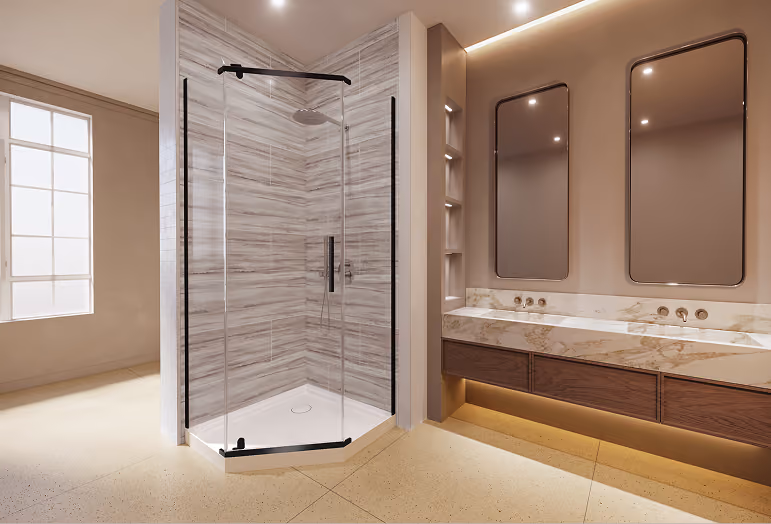 Modern bathroom with glass corner shower, marble double sink, backlit mirrors, and soft lighting.