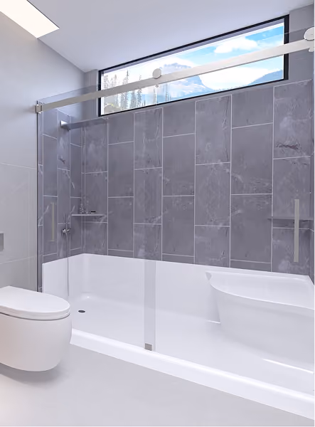 Modern bathroom with gray tiled shower walls, glass sliding door, a white toilet, and a window with mountain view.
