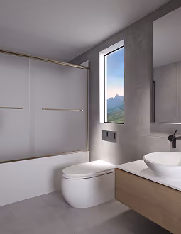 Modern bathroom with white toilet, bathtub, vessel sink, large mirror, and window showing mountain view.