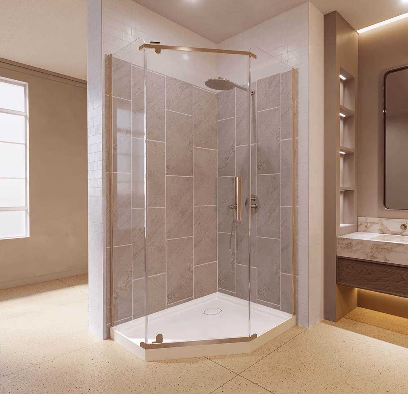 Modern corner glass shower enclosure with beige tiles and a rain shower head in a bathroom.