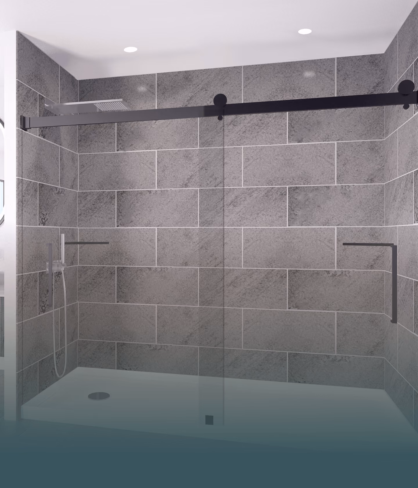 Modern shower with large gray tiles, glass sliding door, and a square rain showerhead.