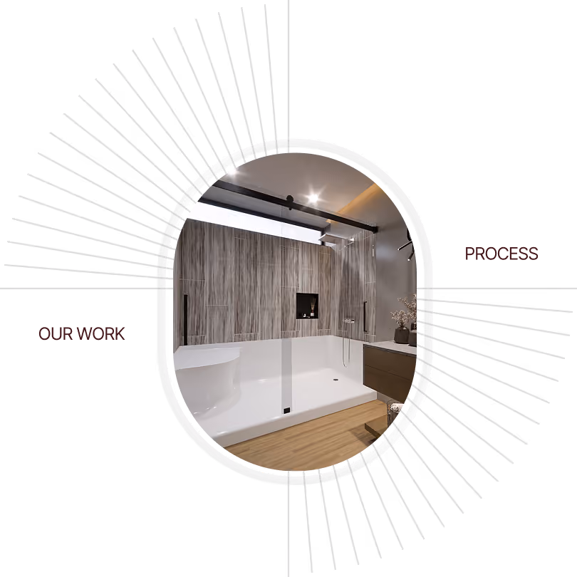 Modern bathroom with a glass shower enclosure, wood-look wall tiles, white bathtub, and wooden floor.