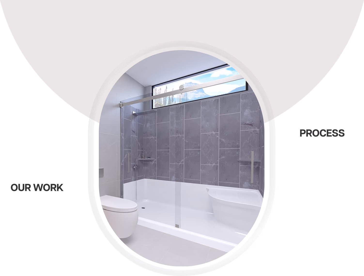 Modern bathroom with gray tiled walls, white bathtub, toilet, and a window showing mountains.