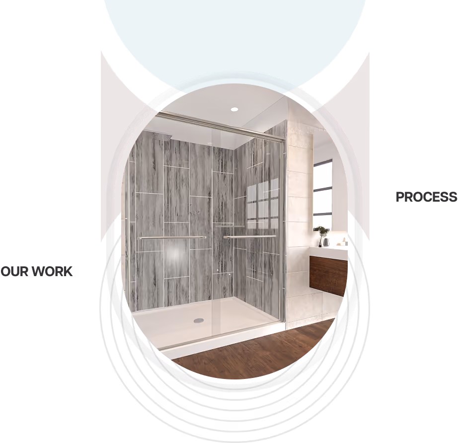 Modern shower with glass doors and gray tile walls in a bathroom with wooden floor.