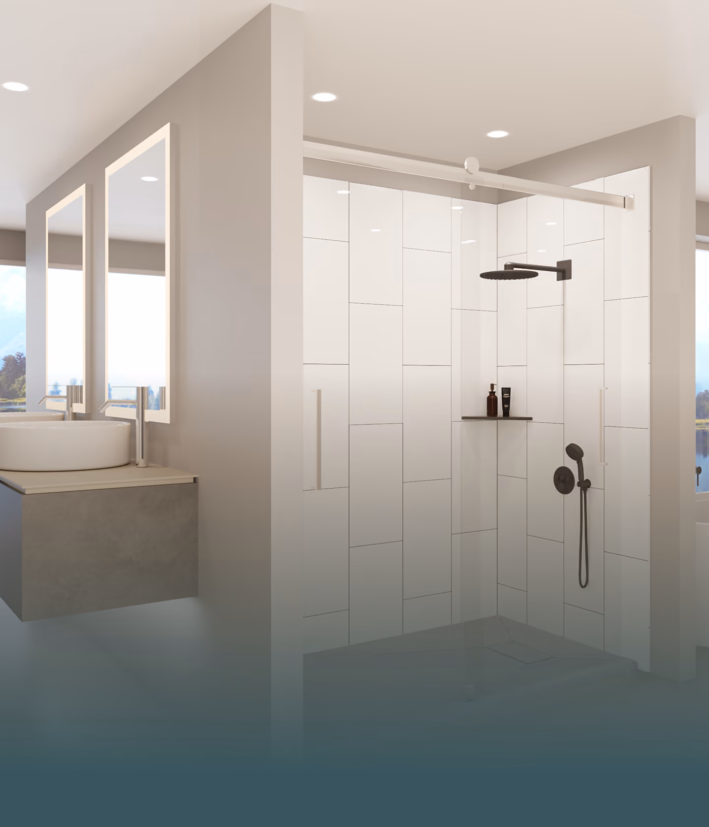 Modern bathroom with floating sink, two illuminated mirrors, and glass-enclosed shower with black fixtures.