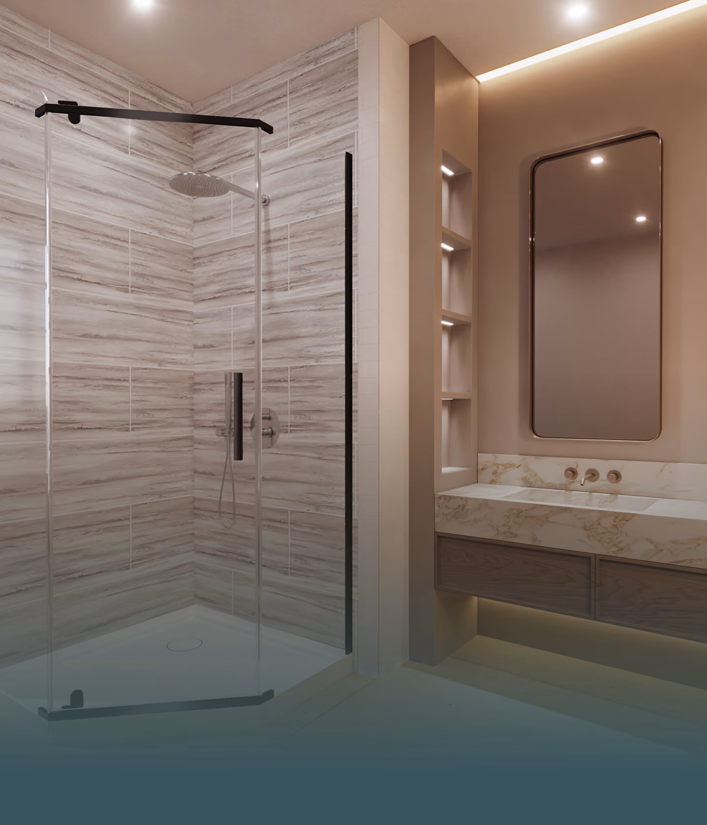 Modern bathroom with glass shower enclosure, tiled walls, marble sink, illuminated shelves, and large mirror.