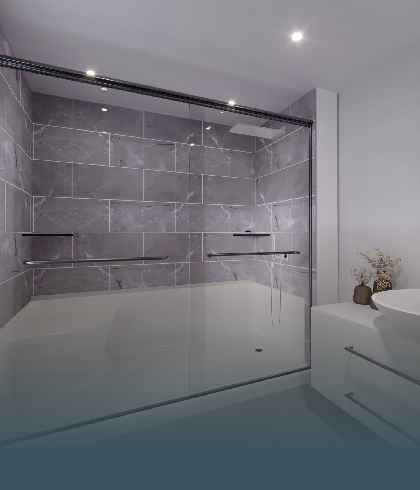 Modern bathroom shower with glass doors, gray tiled walls, and a white vanity with vessel sink.