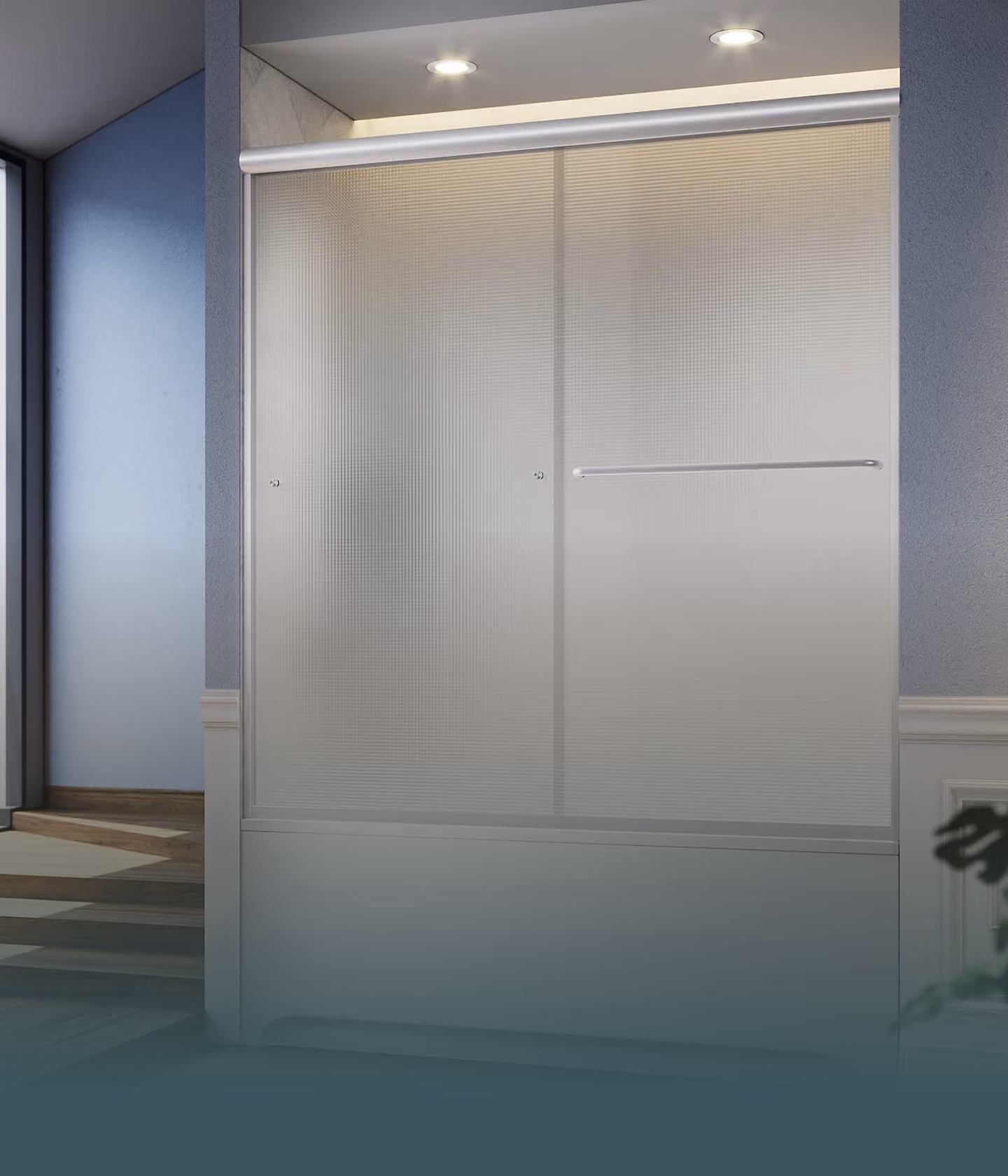 Modern bathtub with frosted glass sliding doors and built-in overhead lights.