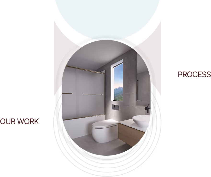 Modern bathroom with bathtub, toilet, sink, window showing mountains, and mirror.