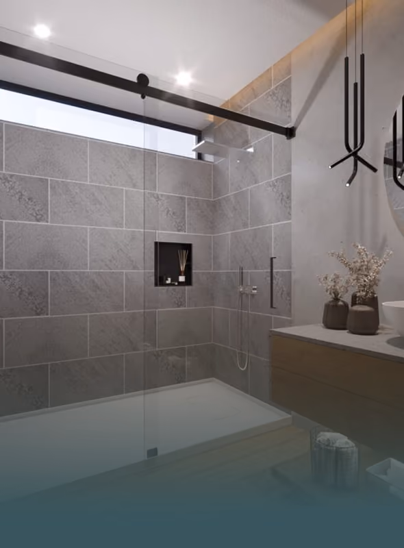 Modern bathroom with glass shower, gray tiled walls, and wooden vanity with decorative vases.