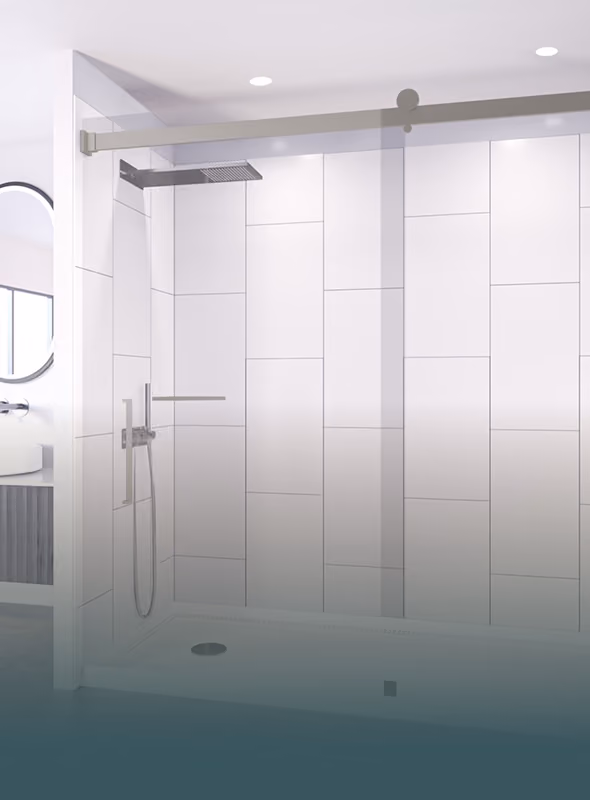 Modern bathroom shower with glass sliding door, large square rain shower head, and white tile walls.