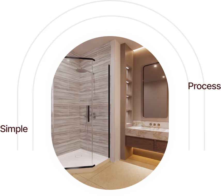 Modern bathroom with glass shower enclosure, marble sink counter, mirror, and recessed lighting.