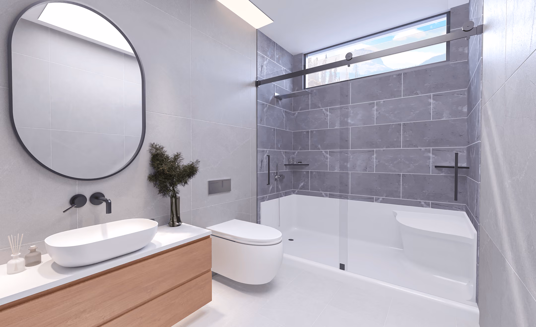 Modern bathroom with wall-mounted toilet, oval sink, wooden vanity, and glass shower with gray tiles.