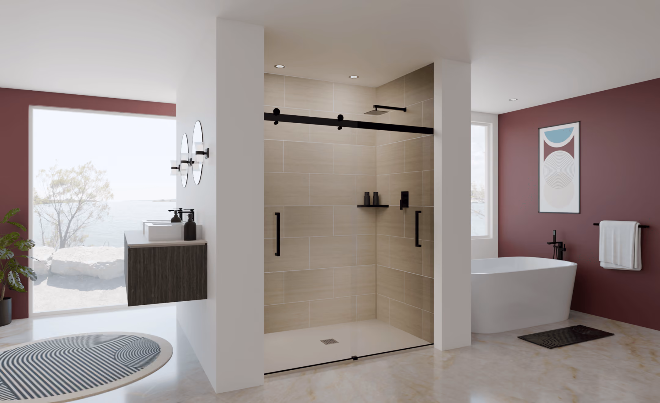 Modern bathroom with beige tiled walk-in shower, freestanding tub, and large window with outside view.