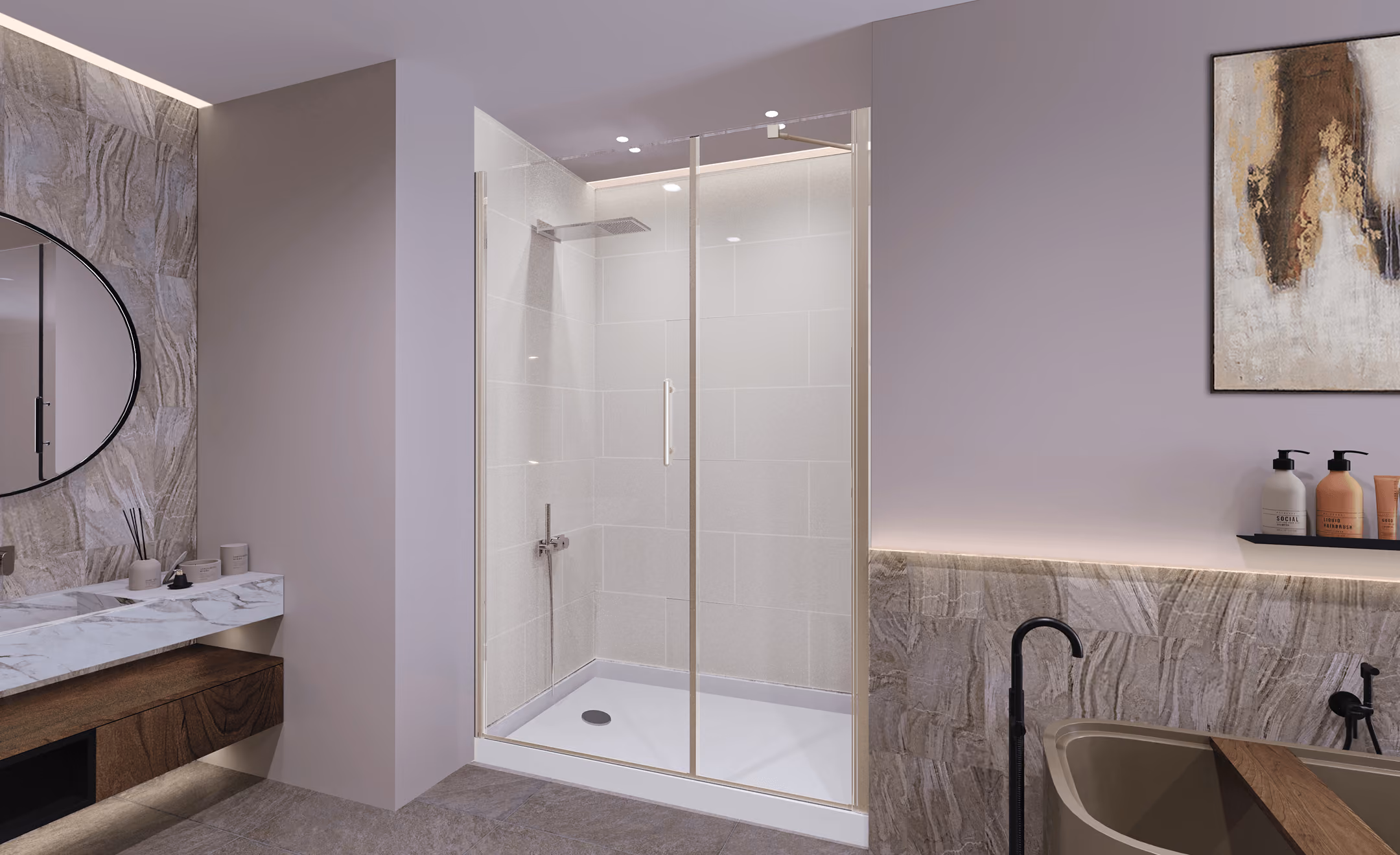 Modern bathroom with glass shower enclosure, marble sink countertop, and a bathtub with black faucet.