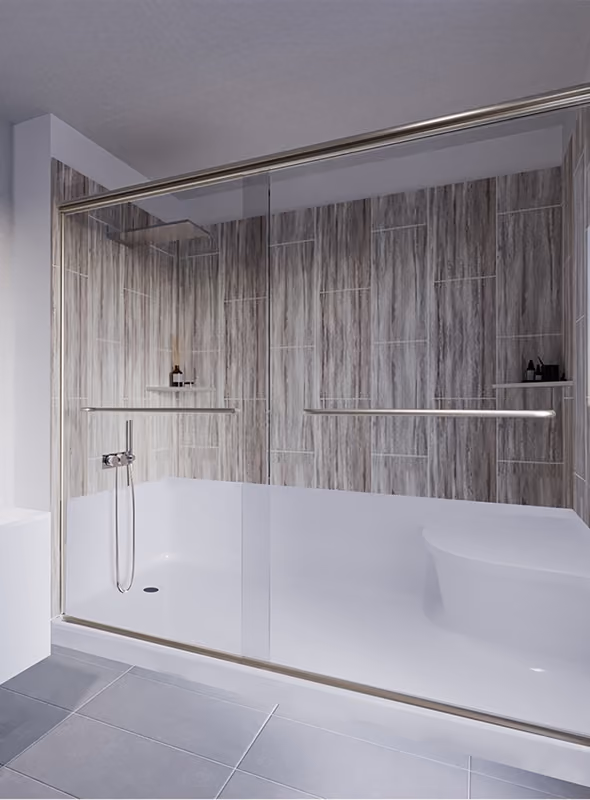 Modern bathroom shower with glass sliding door and gray tiled wall with wood grain pattern.