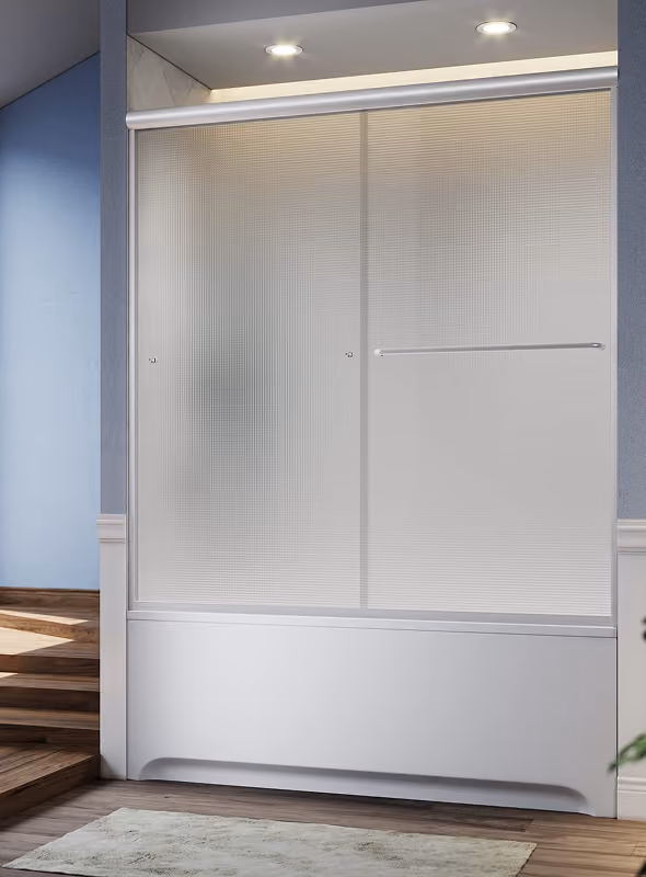 Modern bathroom with a textured glass sliding shower door, recessed ceiling lights, and wooden floor.